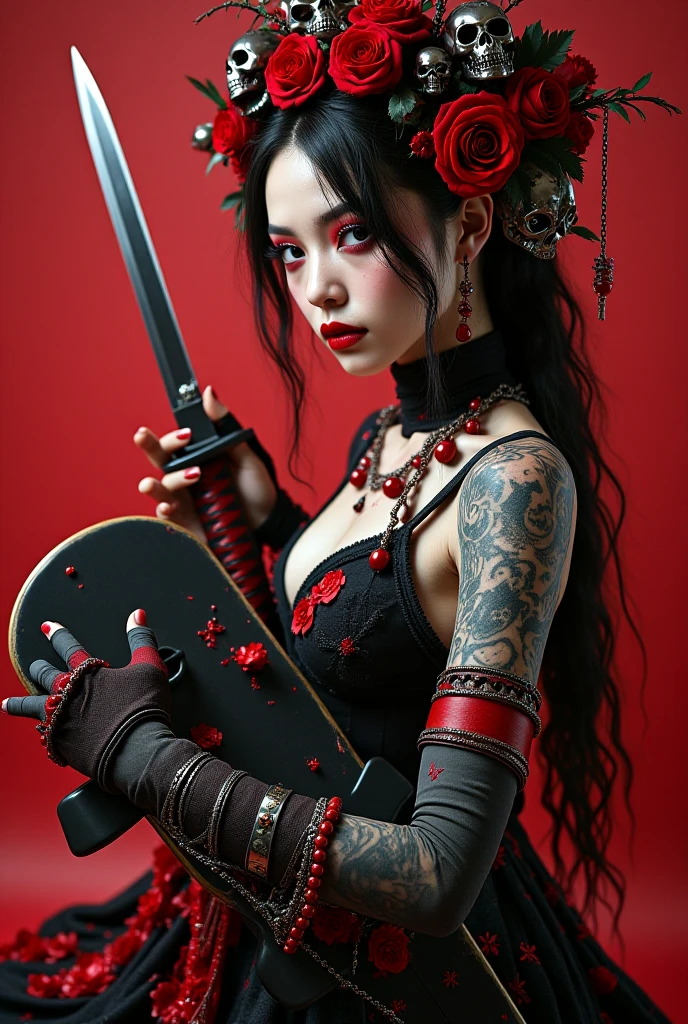 1 girl, sexy, beautiful samurai, katana, samurai, muscular abs, navel, fantasy, sensual, cropped corset goth top, beautiful asian goth girl, sexy, deep navel, heavy goth makeup, armpit, fighting, sweaty skin, navel pierced, blood, wounded, undead, red blood, horror
