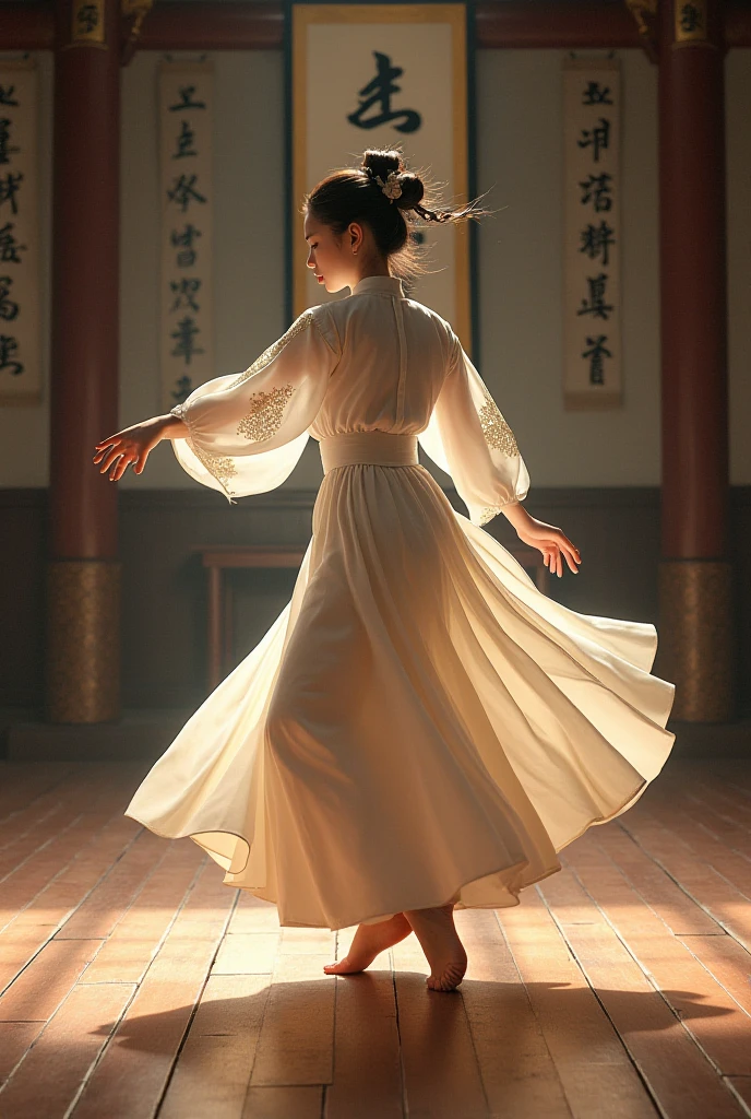 Une personne fait du Taichi avec un éventail en tenue sexy transparente