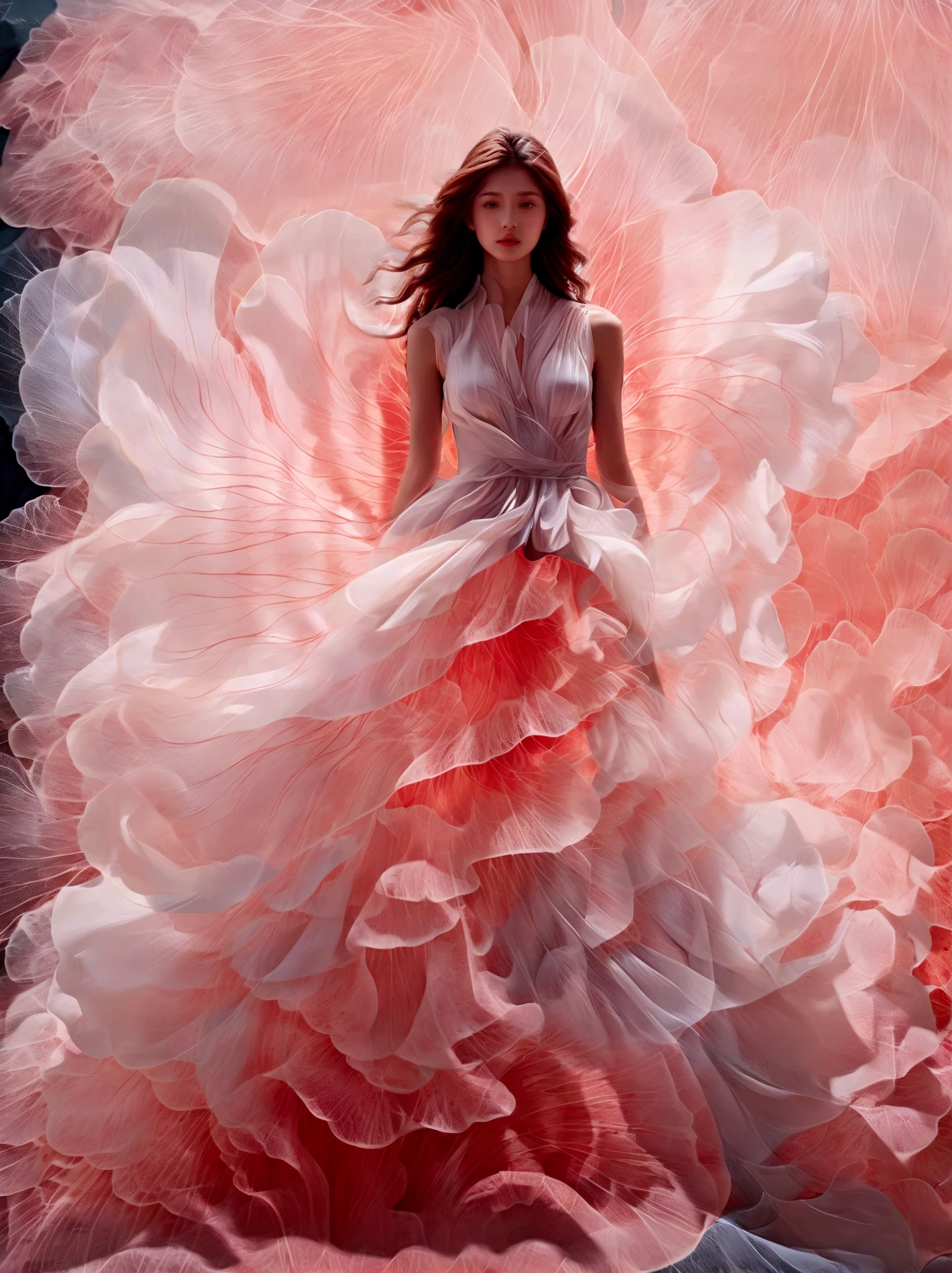 1girl in,Petal skirt,The hem of a long dress reminiscent of smoke,petal pattern,Long hair in the wind,Advanced Sense,Fashion,
Still image shooting, loop the video, Captivating movement, Captivating visuals, Seamless blending, Engaging storytelling, Whirlpool, angular shape, Dynamic movement, Bold geometry, Fragmented shapes, striking contrast, Influence of modernism, Nature, History, modern fine art, amazing, Unrealistic background, art by (Alessio Albi:1.1),
Soft lighting, Happy emotions,(close up, Face Focus), (Fractal Art) Extremely detailed,Most Beautiful Form of Chaos, Elegant, a brutalist designed, vivd colour, romanticism,even more in the dark,