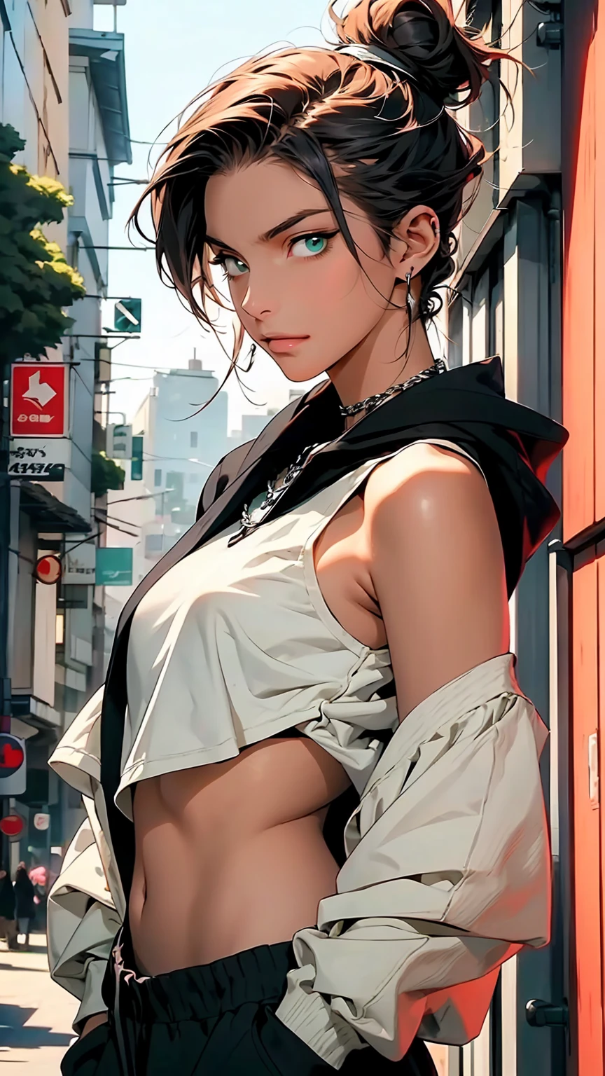 Oh, league of legend, sexy for, wallpapers, detailed eyes, fox ear, (fox tails), a skirt, (long pink fur), medium breasts, Looking at_Shown in_Looking atl espectador, short_hair, gloves, belly button, fail, blue_there are eyes, Eternal, full_body, weapon, Footwear, necklaces, negro_gloves, pulp, hooded, hair_overcome_Yoon_there are eyes, Cultivator_above, ((black top, negro_pants, sneakers, Cut_jacket, cyber punk character, Cut_hoodie:1.5))