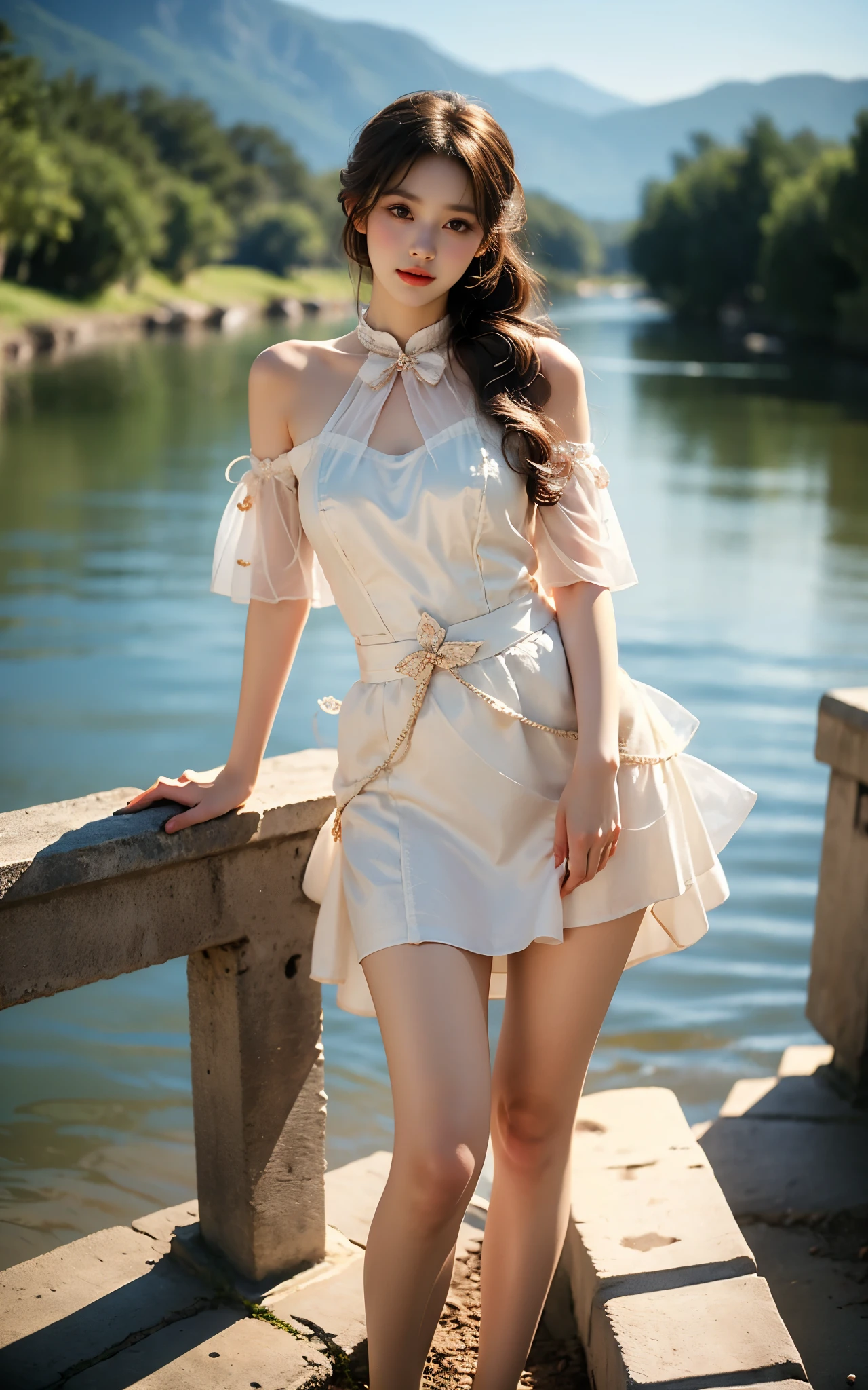 see-through,bare shoulders
,,(Above the calves view:1.4), ((Portrait-oriented, focusing on the subject's body above the calves)), (from below:1.2), (I-type Valley), (Large breasts), (Very short hemline, revealing smooth thighs), Realistic beautiful woman, sexy long-legged model, standing gracefully with elegance. while one hand elegantly lifts the hem of her skirt up to her thigh.    soft natural makeup, and her hair flows beautifully in the gentle breeze.   Photorealistic lighting and shadows, high detail, 4K resolu