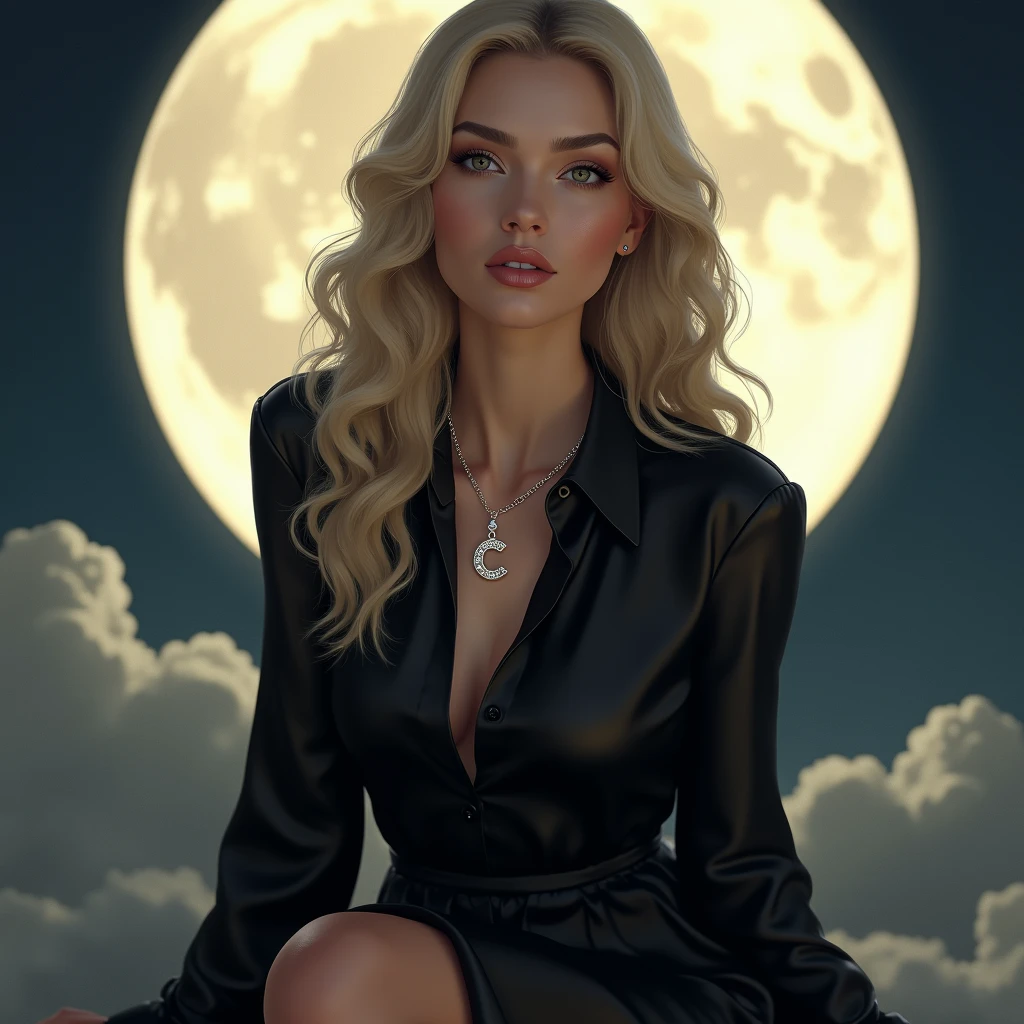 Masterpiece, best quality drawing of a beautiful young woman. She is a blonde with blue eyes wearing a black dress. She is smiling. In the background you can see a night sky with a full moon.