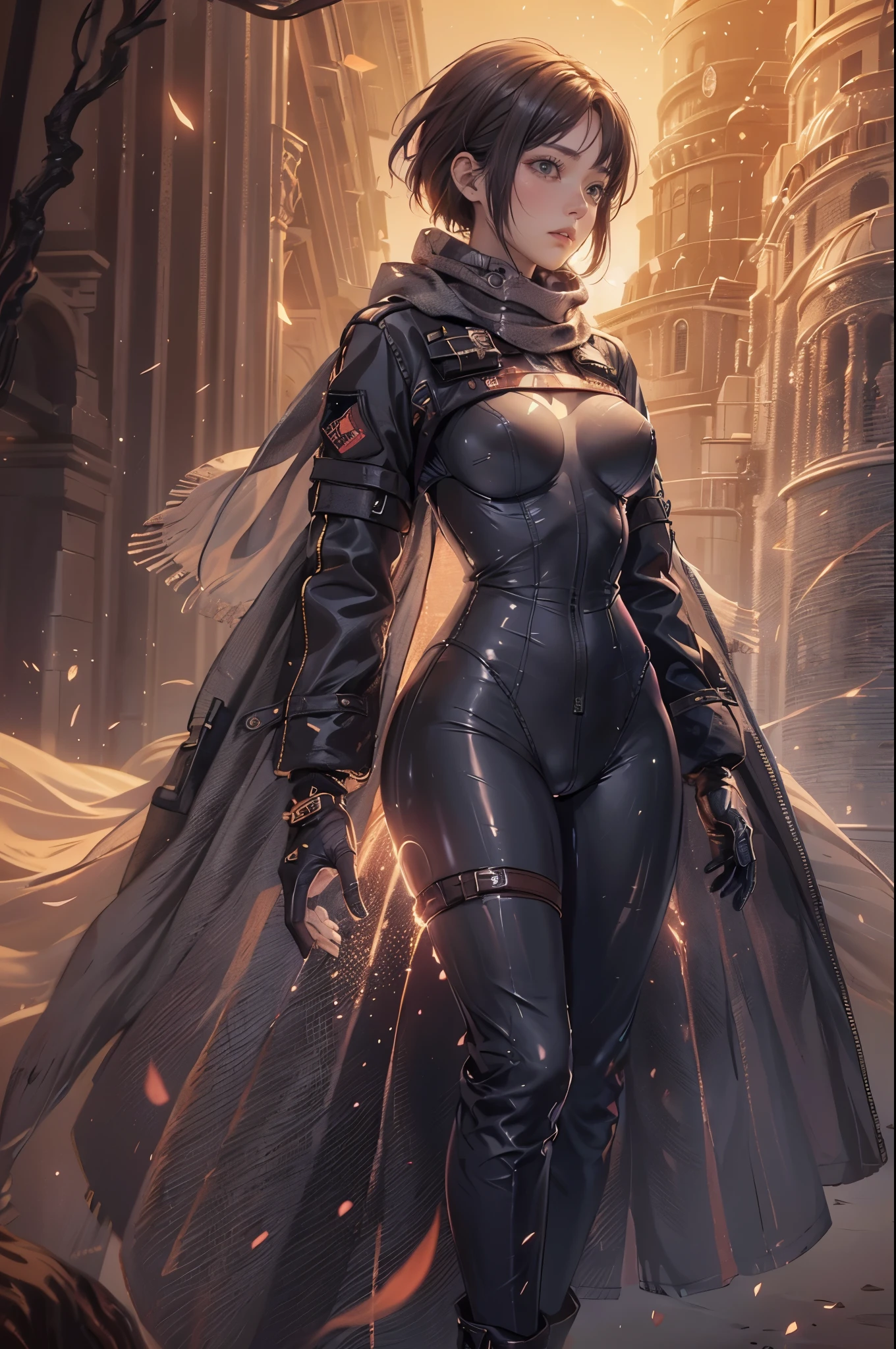 One girl, young girl, curvy, wide hips, dark face, grey eyes, tight bodysuit,((long coat with scarf)), nomad, ((tactical gloves)), glow particles, (desert), ((short hairs))