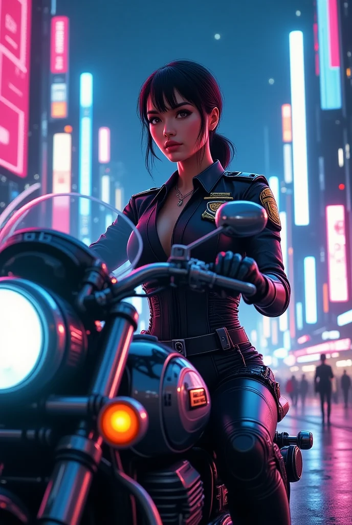 Maximum image quality, outstanding details, ultra high resolution, (Realism: 1.4), the best illustration, favor details, 1 very condensed girl, with a delicate and beautiful face, dressed in a black wick, holding a directional controller, ride a motorcycle, the background is a city lighting scene.