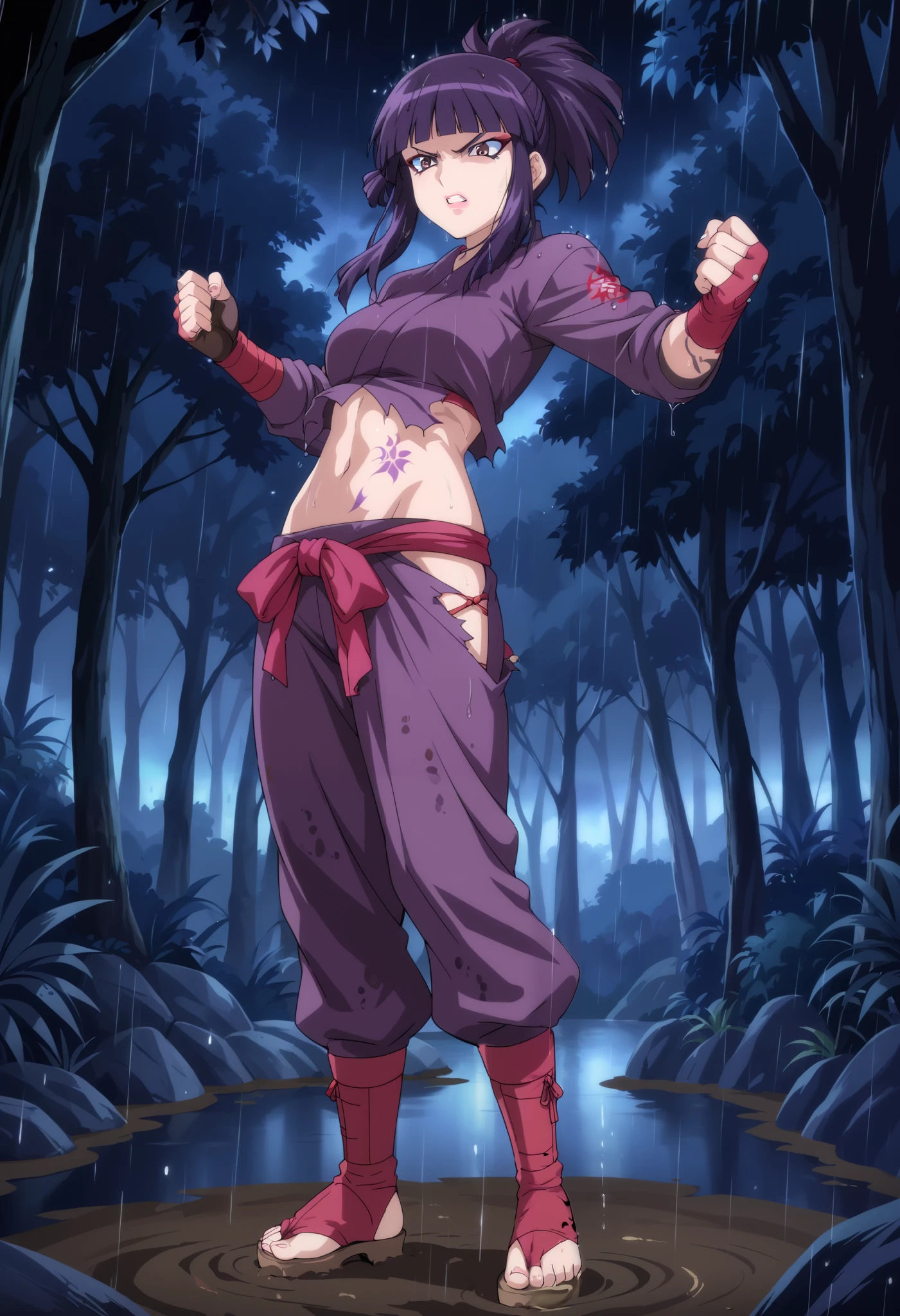 score_9, score_8_up, score_7_up, score_6_up, source_anime, hotarubi, hair2, purple hair, purple eyes, makeup, lips, breasts, medium breasts, ninja, purple ninja, japanese clothes, long sleeves, torn clothes, ripped shirt, fingerless gloves, gloves, angry, constricted pupils, rain, dark, forest, mud, full body, anime screencap, (portrait), detailed background, Hyperdetailed, Extreme Detail, 4K Resolution, Masterpiece, (nsfw) not safe for work, evil expression, exposed belly, exposed navel, exposed midriff, exposed lower belly, dragon tattoo, narrowed eyes, tattoo midriff