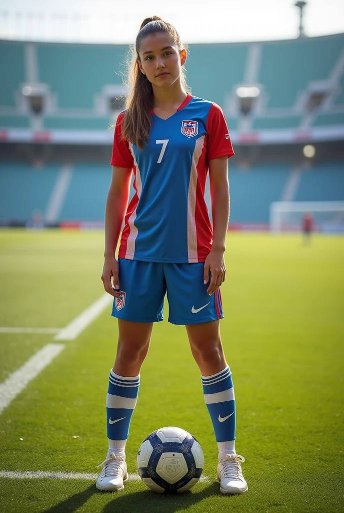 (8k, ultra high res, best quality, high_quality, masterpiece:1.2), realistic, (ultra detailed eyes and face), (ultra detailed beautiful skin), solo, 1 girl, 25 year old woman, soccer player, on soccer field, long red hair in ponytail, medium breasts, wearing soccer uniform, full body shot, eye contact
