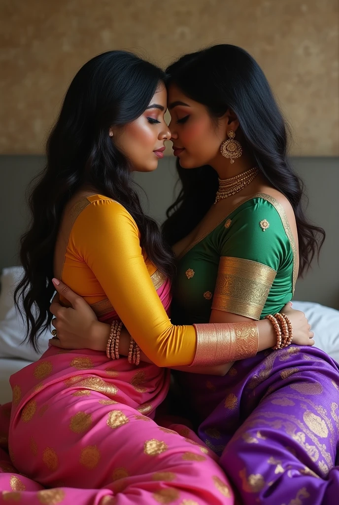 A modern, well-lit office in São Paulo. Sunlight streams through the window, illuminating a spacious corner office.A vibrant 70-year-old Brazilian two lesbian women with a warm smile. Dressed in a stunning, colorful Indian saree and they opened and exposed their aged saggy breasts out from the saree and showing them while kissing each other,(their long, 3c curly hairs gleams with reflected light from strategically drenched with  5 liters of hair oil. It cascades down to back in defined, smooth coils, framing their faces with sleek, combed hairlines. Their scalp healthy and visible)