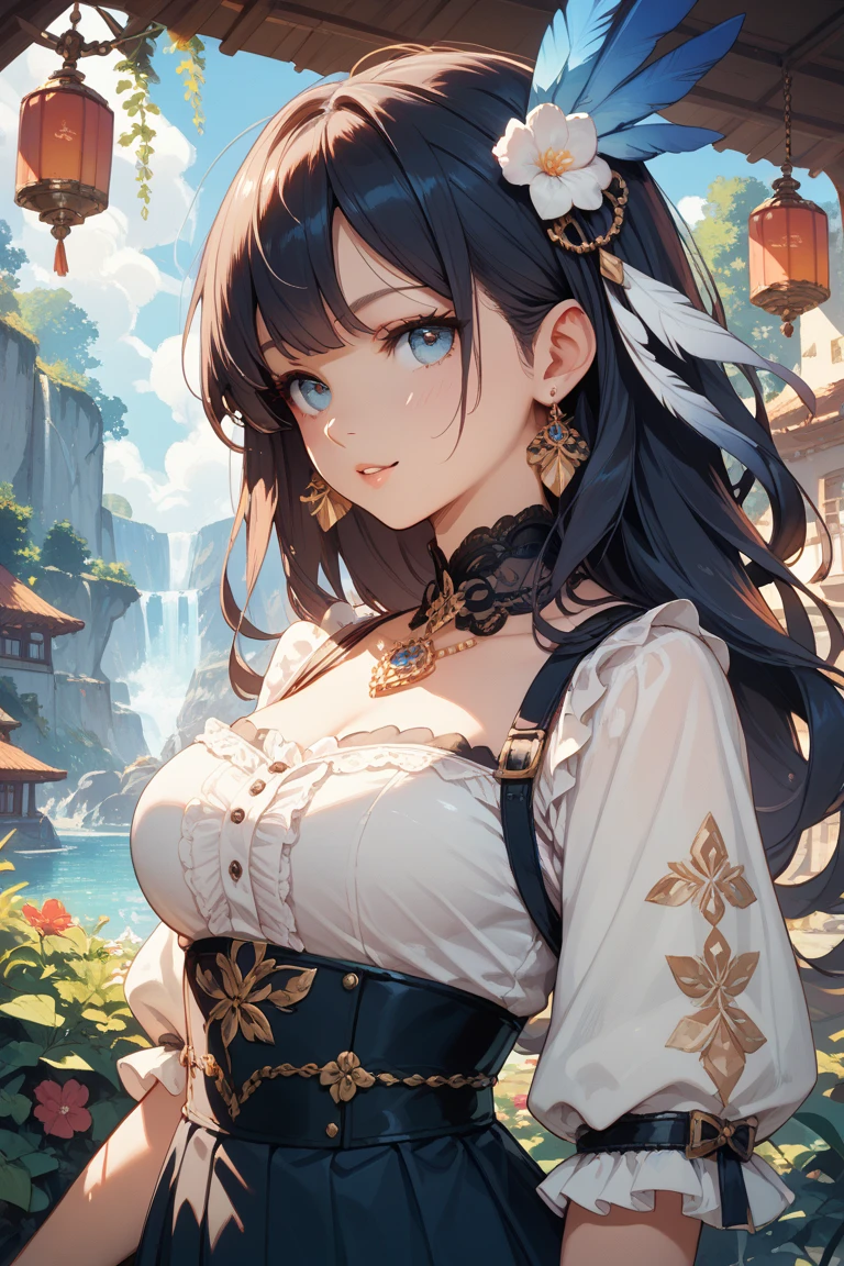 beautfull woman, nice outfit, well-detailed face, detailedeyes, beautiful scenery, whole body.