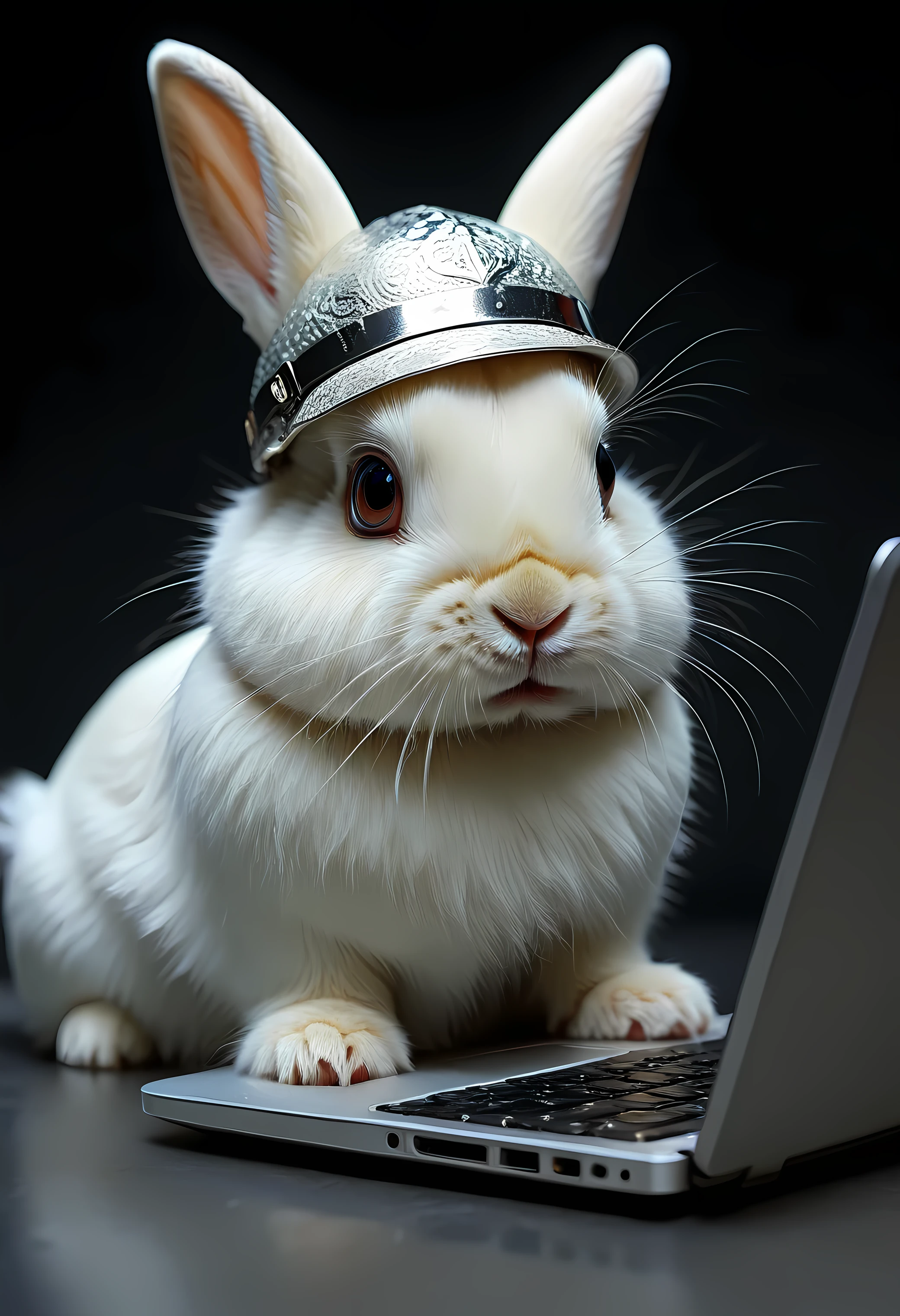 safe_pos, (score_9, score_8_up:1.1), score_7_up, photorealistic,                                      A rabbit wearing a tin foil hat, looking at a laptop screen.,,.                                    absurdres, masterpiece,, Expressiveh choker, flux-style ((masterpiece, Highest quality, Best image quality, High resolution, Realistic, RAW Photos, 8k, Highly detailed)) 4lch3my_l4b CyberRealistic_Negative_PONY