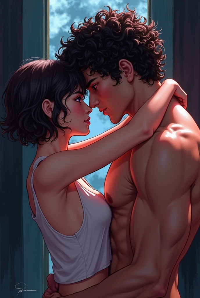 A petit, delicate woman with short bob hairstyle, being held by a tall and muscular younger man.