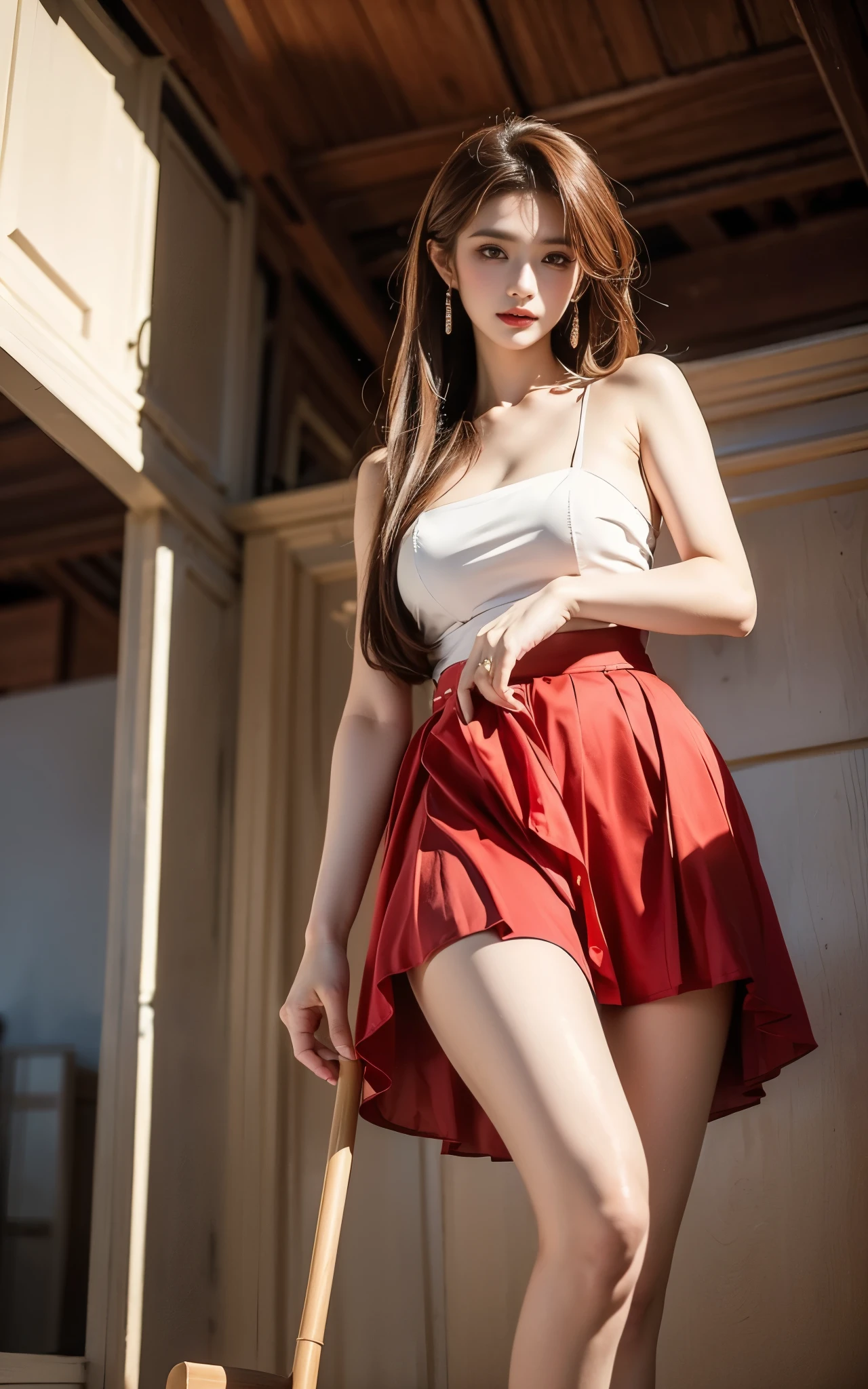 (top-quality、8K、32K、masterpiece、nffsw:1.2)、Photo of a cute Japanese woman、(mournful smile、red blush:1.1)、Pink dress skirt with beautiful details that make the viewer stare.:1.2)}}、Detailed legs、(Spread legs:0.9)、(Lace pantie:0.9)、{{(wind lift:1.6)}}、full body Esbian、the wind、城市、outside of house