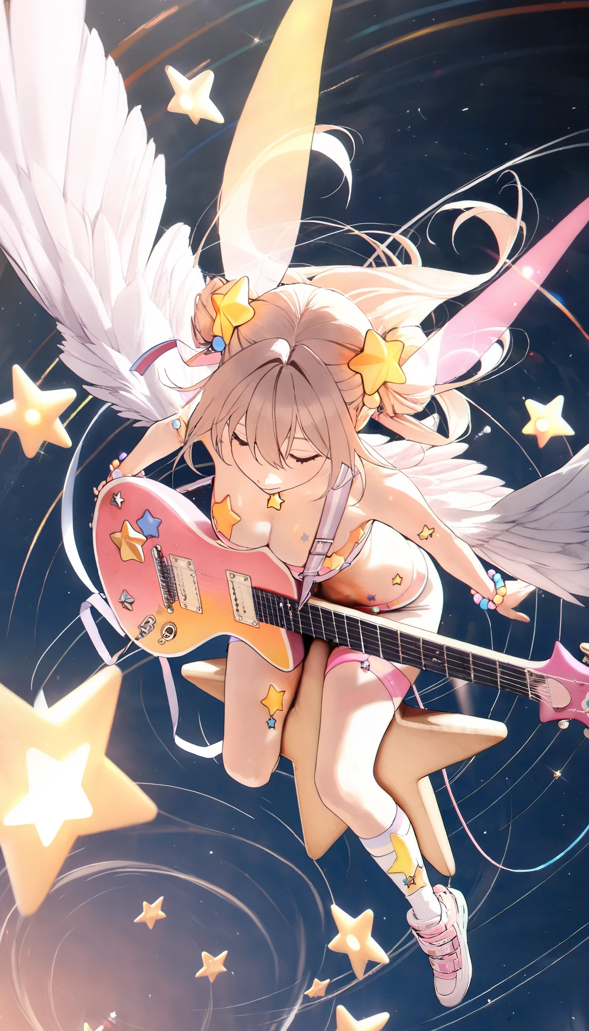 ((1girl straddle on guitar\((body shape star:1.3)\):1.4)\) (flying :1.4):1.3),longshot,wide shot,from above,masterpiece,best quality