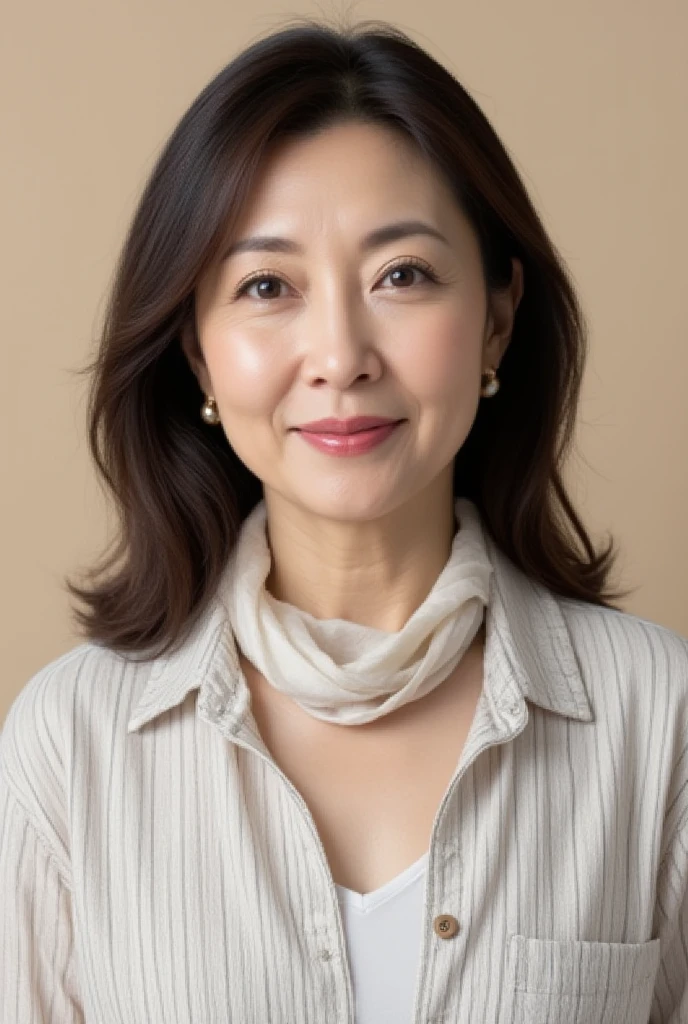 A close-up shot of a 48-year-old Japanese woman with wavy hair, wearing a striped linen shirt and a light scarf around her neck. She has fine laugh lines and a smile, enhanced by lipstick (1.1), eyeliner (1.2), mascara, and eyeshadow. The background is a simple cream-colored studio setting. She is slightly angled toward the camera, exuding confidence and elegance. High resolution, masterpiece, best quality, highly detailed, sharp focus, depth of field, physically based rendering, realistic (1.37), ultra-realistic (1.1), photorealistic (1.37). Upper body only, hands and arms excluded