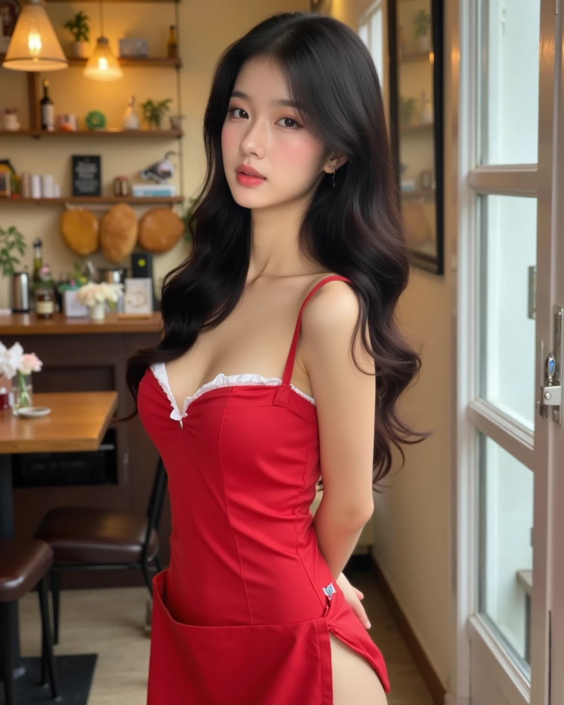  NASSFY, Attractive beautiful pale skinned white Vietnamese woman (Medium length black wavy hair ), Side of her body ,   She's looking straight to the side of the camera , ( She's wearing only a red waitress apron .,  with deep chest ,  Black High Heels ), ( Hands behind waist  ), ( Arms behind your back ),  , Beautiful pale skinned white Korean with  , Pals out  , Two perfectly toned legs , High quality images,  perfect hands ,  perfect hands 가락,  perfect lips , ((( very big boobs)))