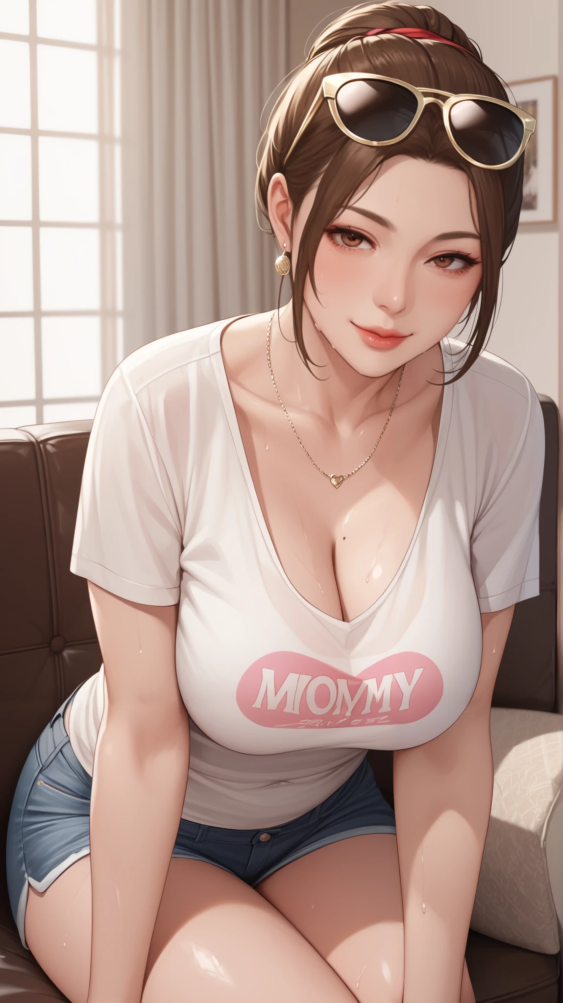 Score_9, Score_8_up, Score_7_up, Score_6_up, Score_5_up, Score_4_up, Source_anime, Tag1, Tag2, Quality_masterpiece, brown hair , brown eyes, MILF , mom , motherly , mommy , voluptuous , seductive , attractive , plump , busty , big breasts, perfect features , perfect figure , perfect body , elegant , glamour , beautiful, Perfectly Detailed , Ultra Detailed , Ultra Highly Detailed , Ultra HD , Accurate , Masterpiece , Anatomically Correct , High Details , High Quality , Super Detailed , Full Detailed , Fully Detailed , UHD , 8K , sitting on the sofa, leaning forward, white t-shirt with mommy print, short pants, black sunglasses on head, hair tied, naughty face, sweating body and outfits, facing forward, front view 