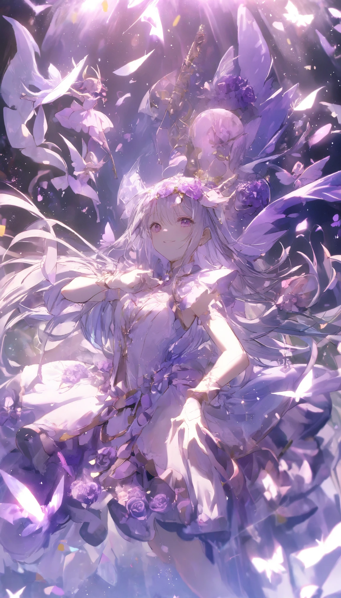 (Magical Girl 1:1.5)、Purple Magical Girl、(Long Straight Hair)、Ruffled Skirt、Purple ribbon、butterfly々、Lots of purple roses、The Magic of Flowers、Sparkling、lame、Glitter、White Feather、(Dancing)、smile