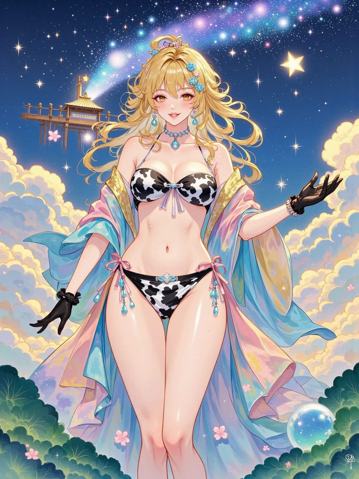 ((masterpiece), best quality, high quality, professional quality, highly detailed, highres, perfect lighting, natural lighting), Settling in a container, string bikini, Baroness, Short, in shape, Heart-Shaped Face, Tan Skin, Auburn Hair, gold Eyes, Short Nose, Thin Lips, Receding Chin, Shoulder-Length Hair, Curly Hair, Bob with Bangs, saggy breasts, Hoop earrings, coral velvet lipstick, Thin layer of liquid shimmer, Glowing sunrise on the coast,Enchanter, Savant, Short, Fit, Triangular Face, Dark Skin, Light Brown Hair, aquamarine Eyes, Long Nose, Thin Lips, Sharp Chin, Extended Goatee, Shoulder-length, Comb Over, An enchanted meadow, with colorful flowers and magical creatures roaming free,Bedecked, Charmer, Average Height, Toned, Diamond-Shaped Face, Tan Skin, Platinum Blonde Hair, purple Eyes, Wide Nose, Thin Lips, Prominent Chin, Long Hair, Curly Hair, High Ponytail, soft breasts, Clip-on earrings, fuchsia gloss lipstick, The dance of shimmering auroras, painting the sky with vibrant ribbons of light, A series of explosions cascade like fireworks, painting the horizon with a fiery spectacle