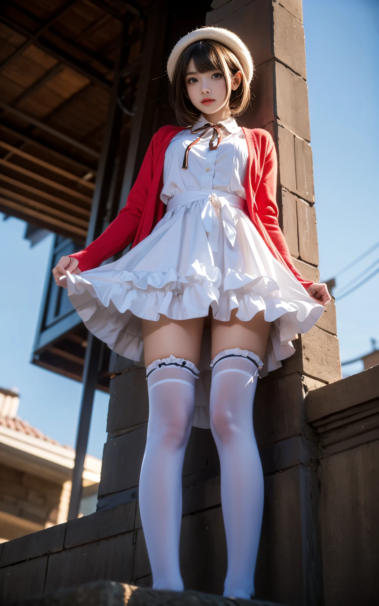 kato megumi, 1girl, solo, katou megumi, cosplay,
white hat,frills thighhighs, dress, cardigan, skirt,long sleeves,blue neck ribbon,beret, headwear, open cardigan,red cardigan, frilled trim, loafers,
short hair, blunt bangs, bob cut,
,,(Above the calves view:1.4), ((Portrait-oriented, focusing on the subject's body above the calves)), (from below:1.2), (I-type Valley), (Large breasts), (Very short hemline, revealing smooth thighs), Realistic beautiful woman, sexy long-legged model, standing gracefully with elegance. while one hand elegantly lifts the hem of her skirt up to her thigh.    soft natural makeup, and her hair flows beautifully in the gentle breeze.   Photorealistic lighting and shadows, high detail, 4K resol