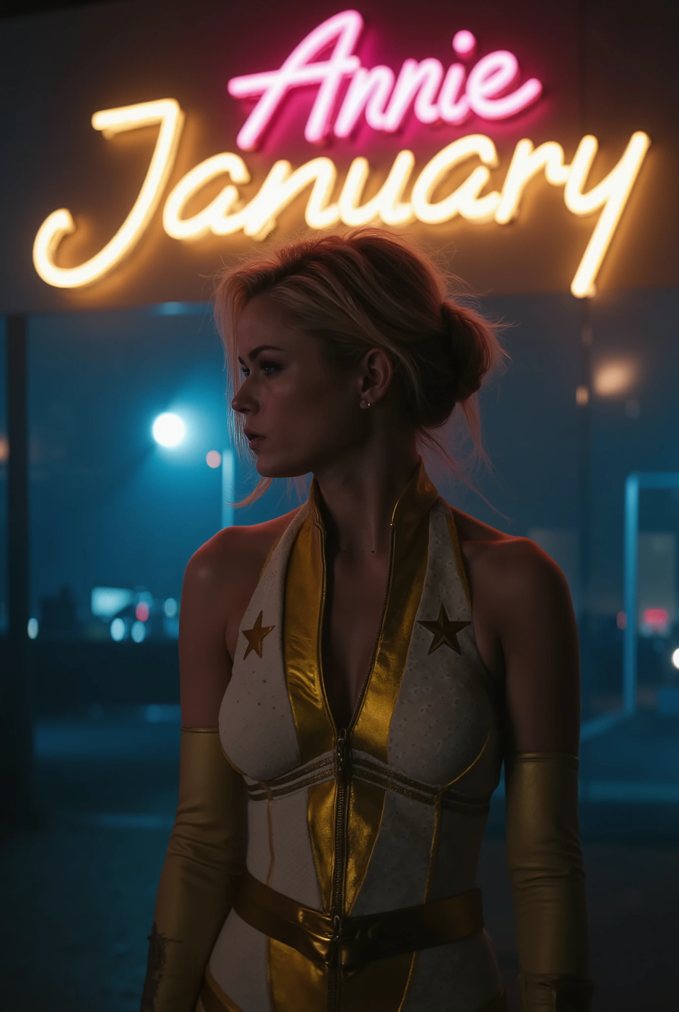 A vibrant, cinematic cover featuring st4rl1ght. She is standing confidently in her iconic white and gold superhero suit with her glowing aura subtly illuminating her surroundings. The background is a moody urban night scene, with a dark city skyline and blurred neon lights. Behind her, a bright neon sign in stylish cursive reads 'Annie January' in glowing golden and pink hues. The overall tone is dramatic yet empowering, with a balance of realism and a slightly futuristic, edgy vibe. Lens flares and soft light effects enhance the atmosphere, highlighting her heroic and inspiring presence.