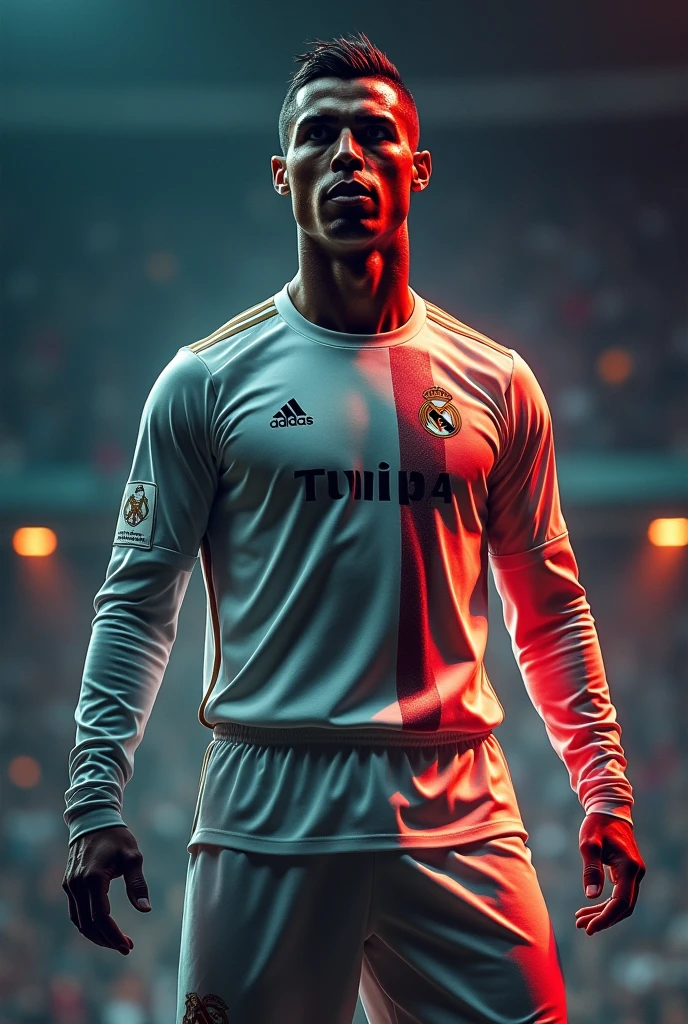 "Create a detailed image of an athletic man in top physical shape, with a well-defined body, muscular and tall, of approximately 1,87 meters high. He has tanned skin, short black hair, slicked back hairstyles with a modern twist. His face displays striking features, like high cheekbones, a firm jaw and expressive brown eyes that convey determination. He is wearing a stylish football uniform, consisting of a tight-fitting t-shirt that highlights your physical shape, shorts and high socks. The uniform must be predominantly in shades of red and white., with details reminiscent of an elite European football club. On the feet, he wears modern boots, designed for high-level performance. The scene takes place in a football stadium, with the background blurred to highlight the central figure."