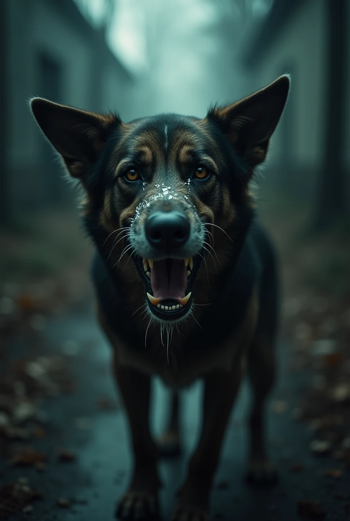 Create an image of a rabies-infected dog in a dark, eerie setting ...
