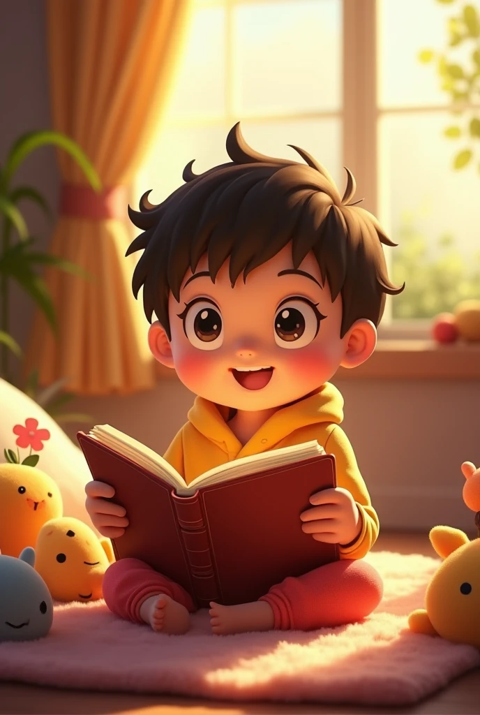 Cartoon of a boy with a book cut and big eyes

