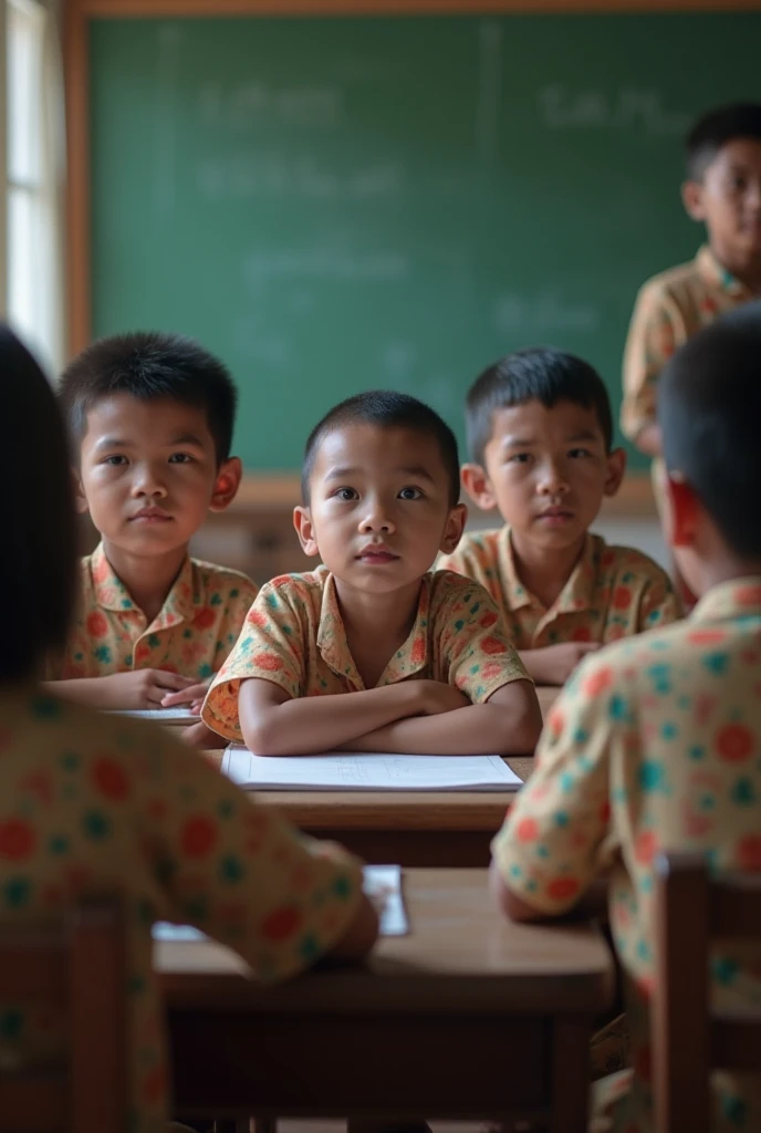 In school 4 boys 12 th class uniform shirt colour checked brownish orange and pant colour brown were sitting in varanda near classroom window fully open construction bending and ground with leaf of the tree that classroom not painted the boys reading book realistic  tamilnadu 