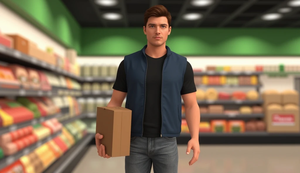 A man with short hair，Wearing a dark blue sleeveless jacket，Black short sleeve,  wearing gray jeans ， A handsome young delivery man , with short brown hair ,Carrying a carton  ， ready to be delivered to the supermarket ，Supermarket simulation game，3D Characters