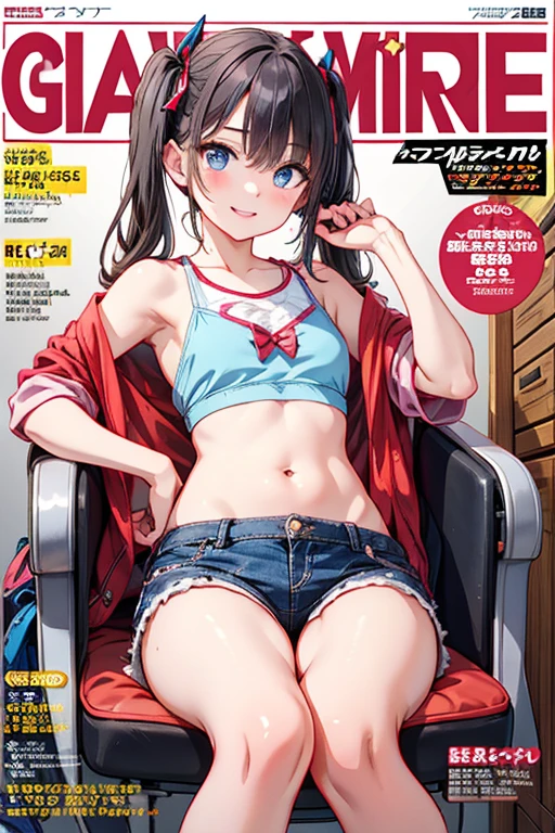 (Masterpiece), ( best quality ),   Details,  Otaku Girl  , difficult,  twin tails,  wavy hair  twin tails.hair between eyes, Dark Blue Eyes  ,smile, Masterpiece,  best quality , up to date,( taut chest:1.2), (Pointed Chest:1.2),(from below:1.4, best quality ), girl  ,  dark platinum colored hair  、Otaku uniform :1.2,  purplish blue eyes that the dreamer wants , ((Otaku Girls)), dark,  messy hair, Hair above the eyes, blush,Armpit hair, (  half sleeve t-shirt  ), shorts,  Sit in a Gaming Chair, Otaku Room,Play PC Games  :1.3, small breasts,  skinny, open your mouth, ( nerd game magazine cover :1.3),(with sparkling eyes and a contagious smile),Her Thin Pubic Hair :1.2,  Look at the Viewer 