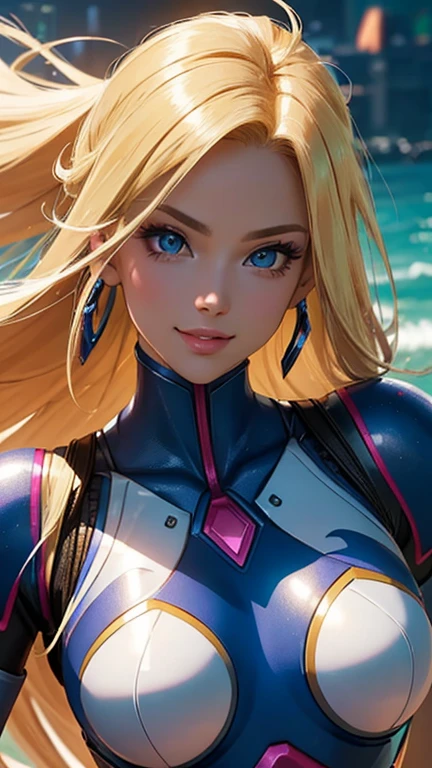 (best quality,ultra-detailed,photo-realistic:1.37),bright and vibrant colors,studio lighting,playful expression,stylish makeup,long blonde hair flowing in the wind,alluring eyes,glossy lips,sexy pose, Reploid, Cyberspace, Megaman X, Zero, smiling in a confident and seductive way,posing for a professional photoshoot,shallow depth of field,highlighting the main subject,soft natural lighting,creating a dreamy and magical atmosphere.