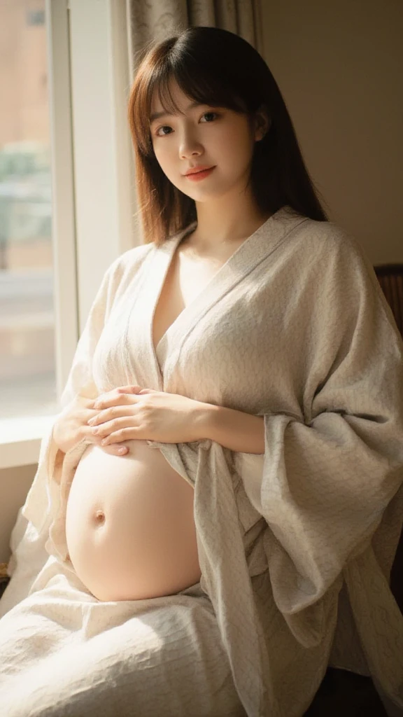 ((Best quality, 8k, Masterpiece :1.3)), Sharp focus :1.2, ((18years.Beautiful geisha in kimono.bare shoulders,Is pregnant. Pregnant belly))sitting in the room. On the bed. °Highly detailed face , looking at the viewer , texture, Detailed eyes, Double eyelid_mix4, 20d,Hiper-realistis:1.37),16K HD,