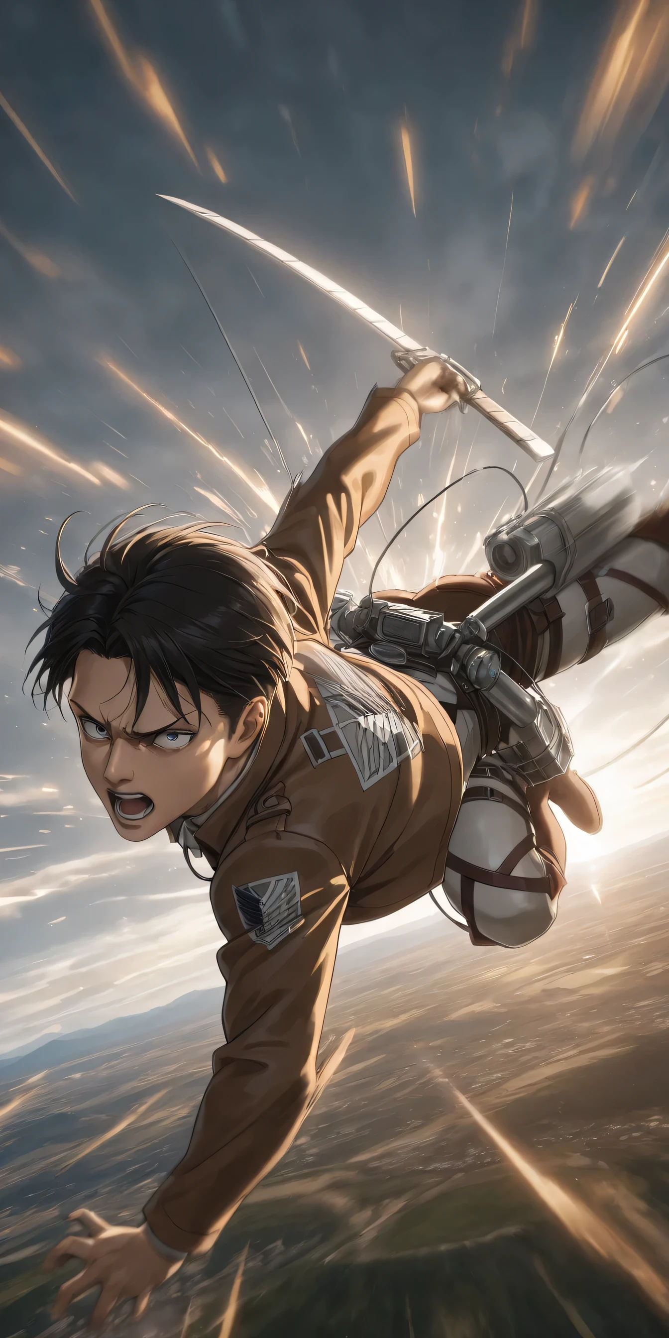 solo,1boy\(Levi Ackerman\(attack of titan\),diving to Titan from high above by The 3-D Maneuver Gear, downspin,motion blur,(dynamic pose),mad,angry,open mouth,holding 2swords\).anthro,screen capture.dynamic angle. BREAK .quality\(8k,wallpaper of extremely detailed CG unit, high resolution, top-quality, top-quality real texture skin, hyper realistic, increase the resolution, RAW photos, best quality, highly detailed, the wallpaper, golden ratio, high saturation realism, vibrant colors, dramatic lighting, persuasive storytelling, atmospheric scenery, captivating visuals, intricate details, strong emotions, dreamlike world\).landscape, dutch angle,action shot,(motion blur:1.3),limited color,tense battle scenes