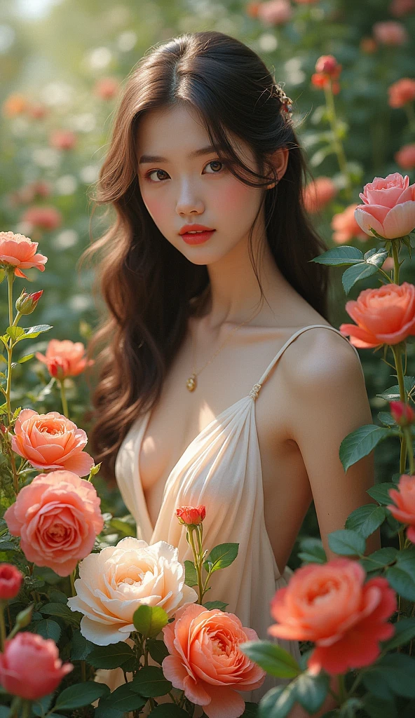 <lora:0273 naked leaves_v1:0.8>, ruanyi0273, (flower, leaf, plant, rose, vines), best quality, masterpiece, illustration, realistic, photo-realistic, amazing, finely detail, incredibly absurdres, huge filesize, ultra-detailed, highres, extremely detailed CG unity 8k wallpaper, nsfw, nude, close-up, A young and trendy Korean pop singer poses in a greenhouse garden. She is wearing only flowers, leaves, plants, roses, and vines to cover her body. The background is well-lit and the camera is close-up. The character has a rosy complexion and smiles at the camera.