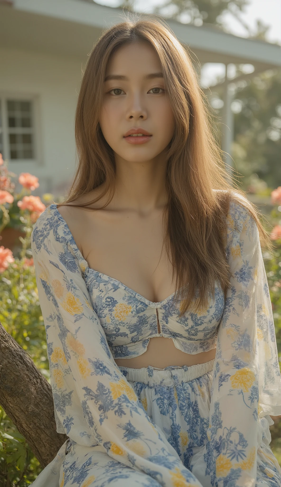 A full-body portrait of a 25-year-old Thai woman with long straight messy brown hair, she has a nice body, wearing a cleavage floral-patterned dress with blue and yellow tones, adding a modern touch to her, she is sitting on the branch, she slightly leans forward, exuding grace and refinement, she has no shoes on, Her expressionless face and lifelike features captivate attention, showcasing her confident and regal demeanor, the background is in front of a minimal style house, garden, chrysanthemum, sun light, blending the beauty of her elegance, while her luminous attire remains the focal point of this visually stunning composition, full body, solo, soft skin, High Resolution, Masterpiece, Anatomically Correct, Best Quality, Detail, High Details, Super Detailed, Textured Skin, Focus on her body, you can see the lower half of her body.