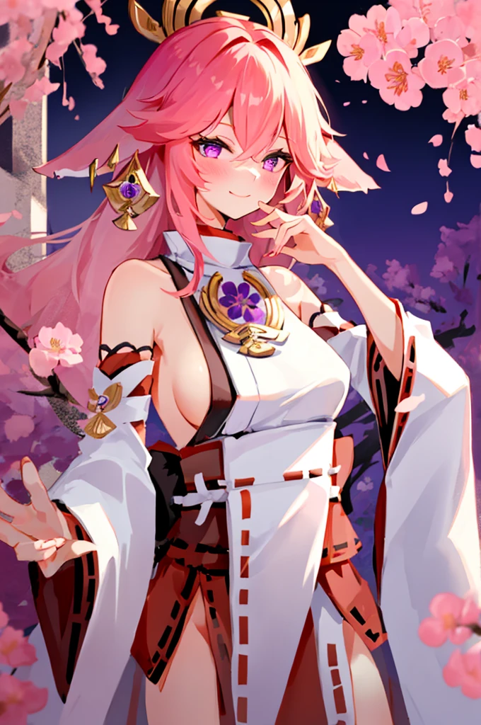 4k,(((1girl))),A sexy&cool female in the gohei at night,Yae Miko,detail,huge filesize,artbook,Cinematic Lighting,solo,night, without clothes,Cherry blossom tree,cherry blossoms,slender_waist,glamor,, (masterpiece, high resolution, best quality:1.4, breathtaking, ultra detailed)