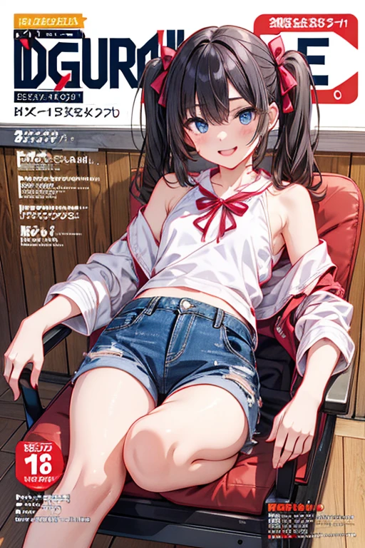 (Masterpiece), ( best quality ),   Details,  Otaku Girl  , difficult,  twin tails,  wavy hair  twin tails.hair between eyes, Dark Blue Eyes  ,smile, Masterpiece,  best quality , up to date,( taut chest:1.2), (Pointed Chest:1.2),(from below:1.4, best quality ), girl  ,  dark platinum colored hair  、Otaku uniform :1.2,  purplish blue eyes that the dreamer wants , ((Otaku Girls)), dark,  messy hair, Hair above the eyes, blush,Armpit hair, (  half sleeve t-shirt  ), shorts,  Sit in a Gaming Chair, Otaku Room,Play PC Games  :1.3, small breasts,  skinny, open your mouth, ( nerd game magazine cover :1.3),(with sparkling eyes and a contagious smile),Her Thin Pubic Hair :1.2,  Look at the Viewer 