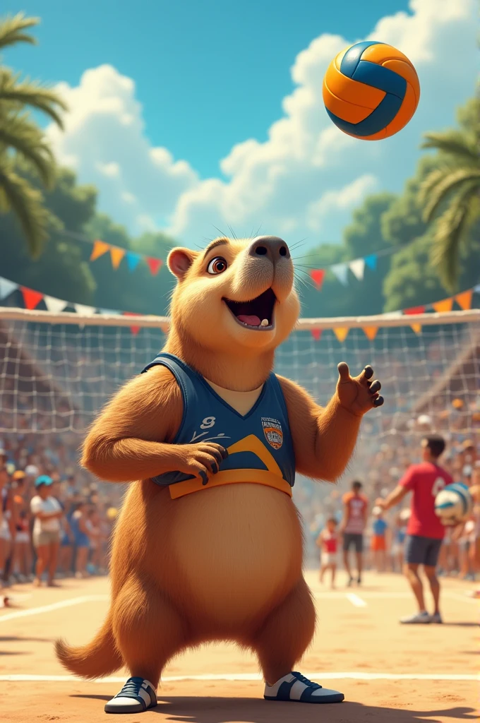 (Close-up of cute bear catches volleyball ball above volleyball net:1.2), (sport T-shirt and trousers:1.2), tropical beach with ((palms and gentle waves)), (beautiful twilight sea:1.2), setting sun, intricate design, bright colors, masterpiece in maximum 16K resolution, best quality, ultra detailed, aesthetics, absurdes.