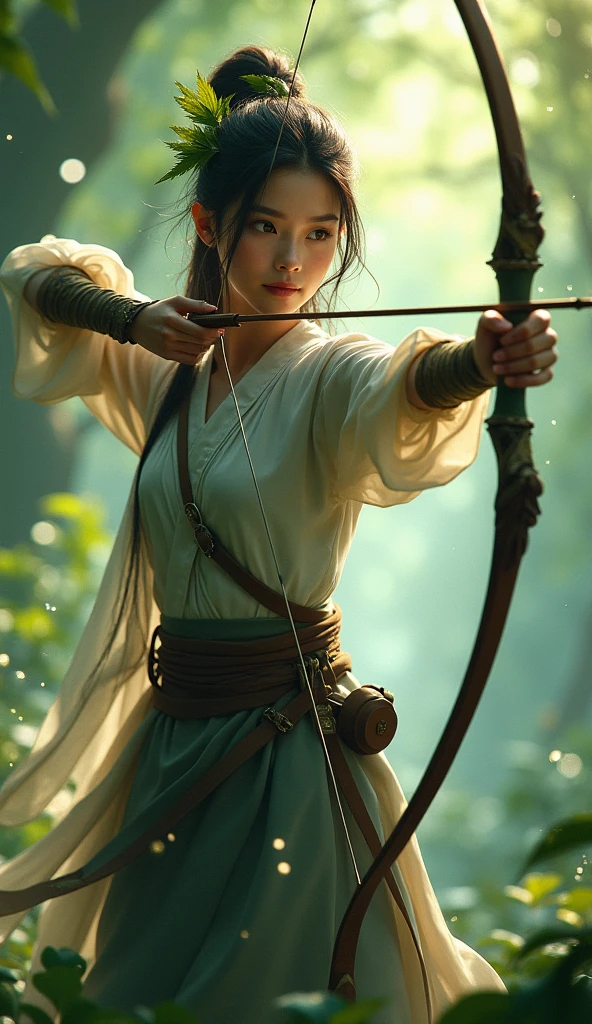 Front view , Chinese Female Warrior, (One person is drawing a bow and arrow), ((drawing a bow string,the feather of an arrow)), Showcasing oriental archery style:1.3)(Surrealism, 超High resolution, retina, Accurate, masterpiece, Anatomically correct, Textured skin, Super Detail, Attention to detail, Highest quality, High resolution)