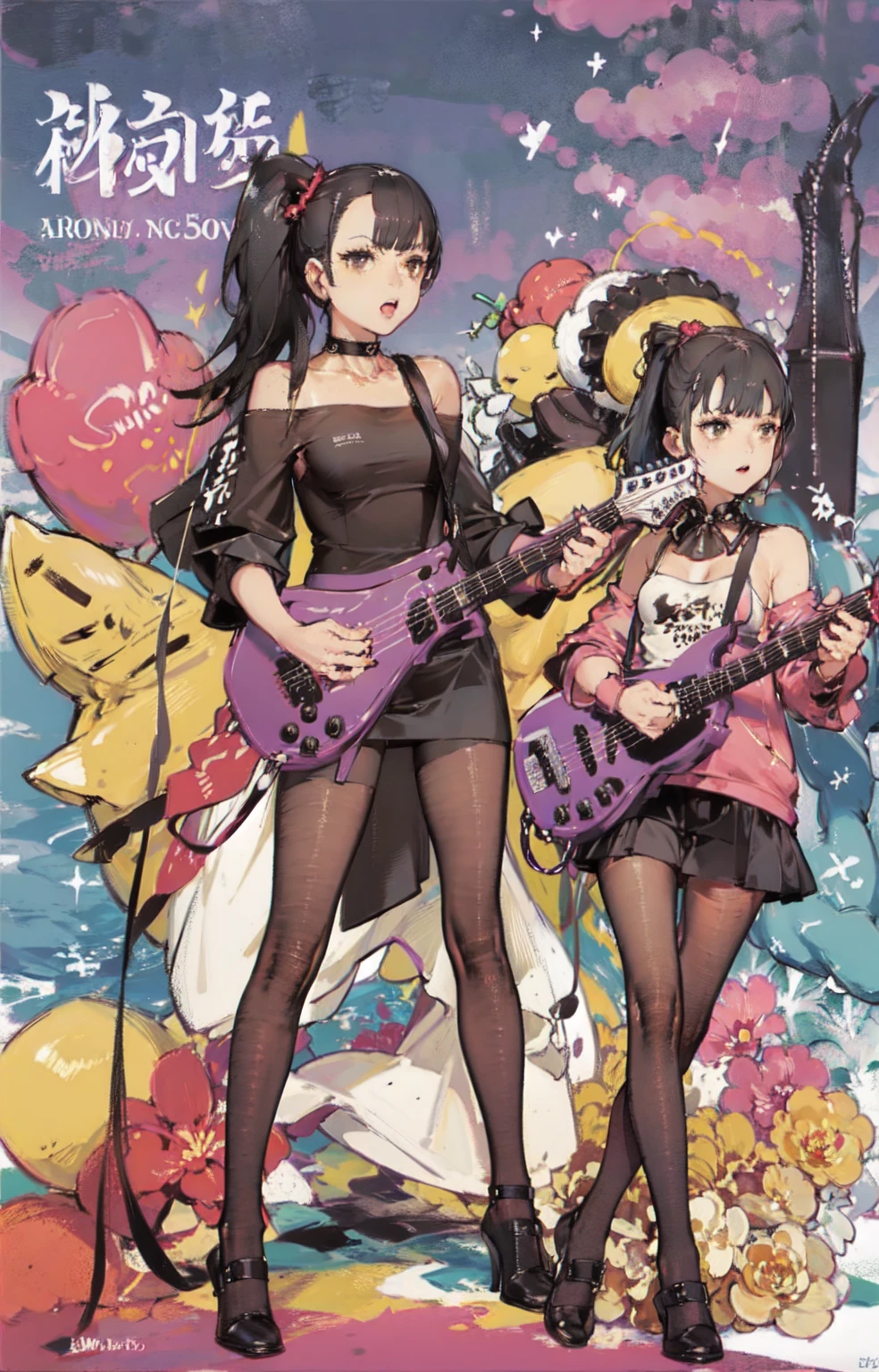 Draw a Nezha with three heads and six arms holding a guitar
