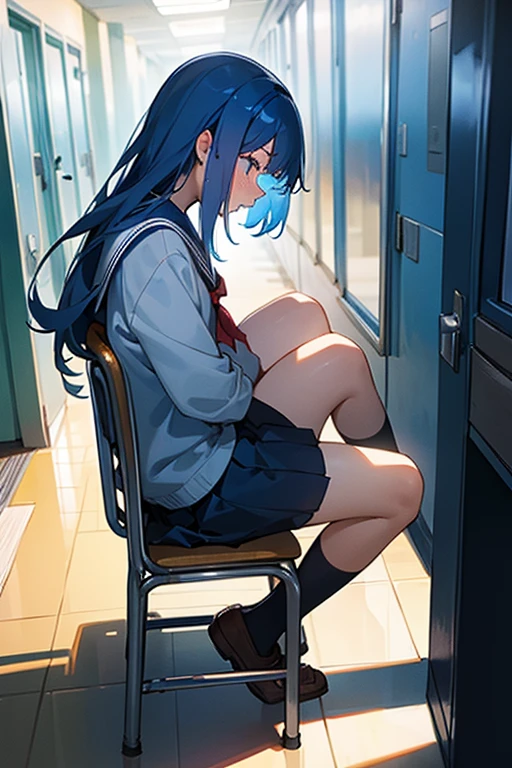 school uniform、 blue hair、 I'm shedding tears、In the school hallway、 sitting 、Bullied 、woman、 high school student from the side