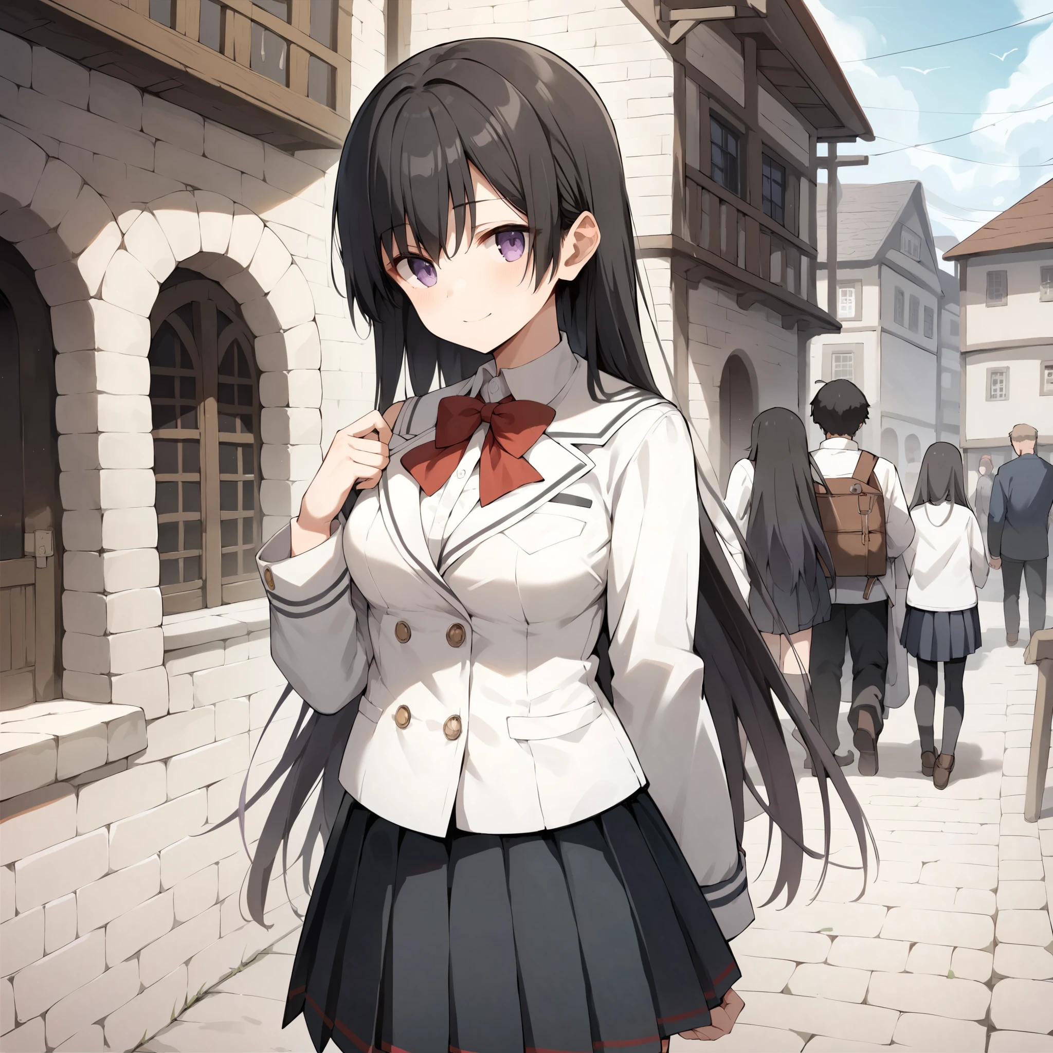 checking_9, checking_8, checking_7, checking_6, score_アニメ, ((1girl)), (black long hair),(straight hair), gray with purple eyes, Medium breasts, ((red bow tie)), (White school blouse), ((short white jacket)), ((black pleated school skirt)), ((full head shown:1.1)) , light smile, old medieval town,narrow street, sunny street, stone walls, light stone walls, silhouettes of people on the streets, go