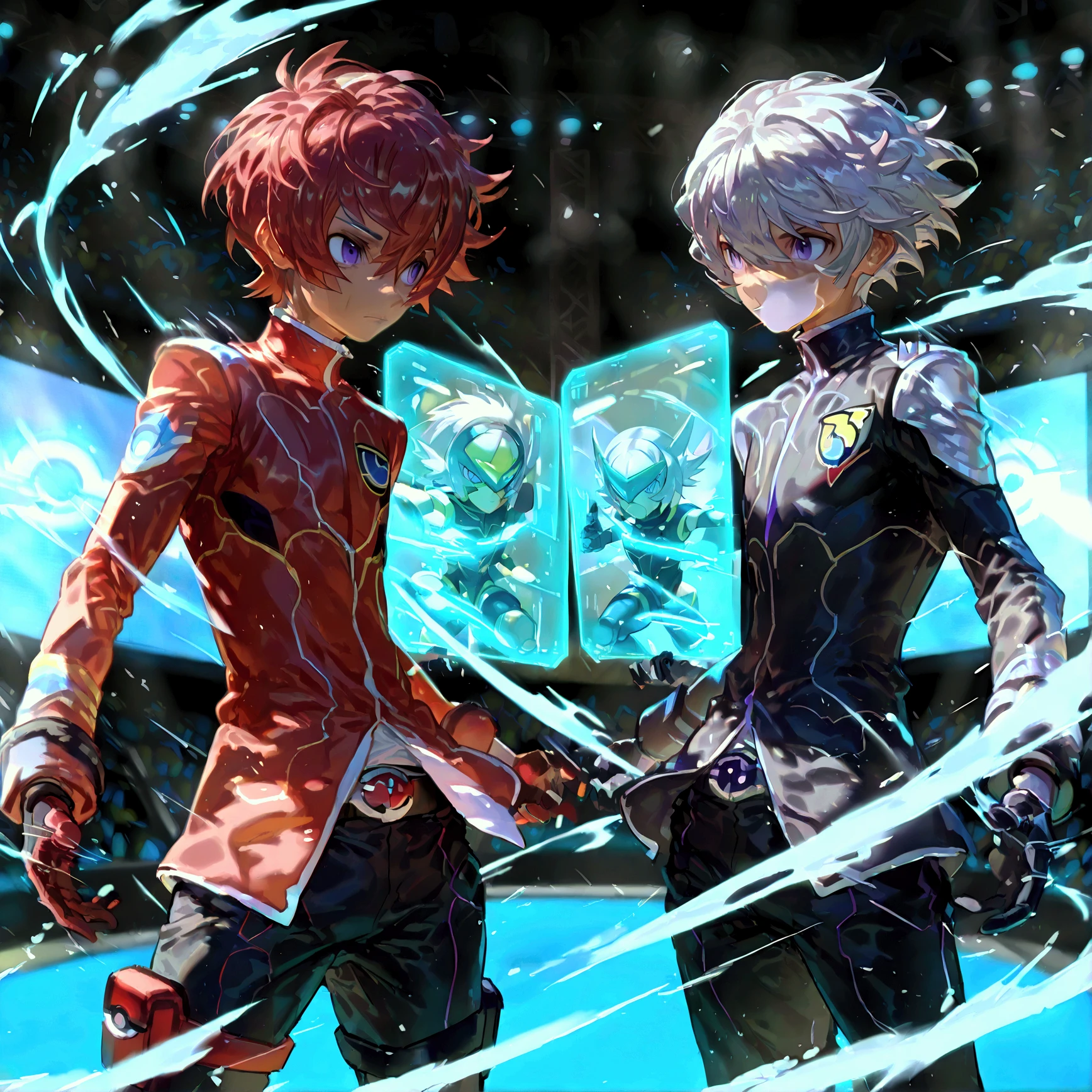 ({Rulax, short wild red hair, purple eyes, man}), ({Pablo, tan skin, gray hair, short hair, man}), 2boy, duo, hologram screens, pokemon stadium, dynamic pose, dynamic acction, motion lines, group photo