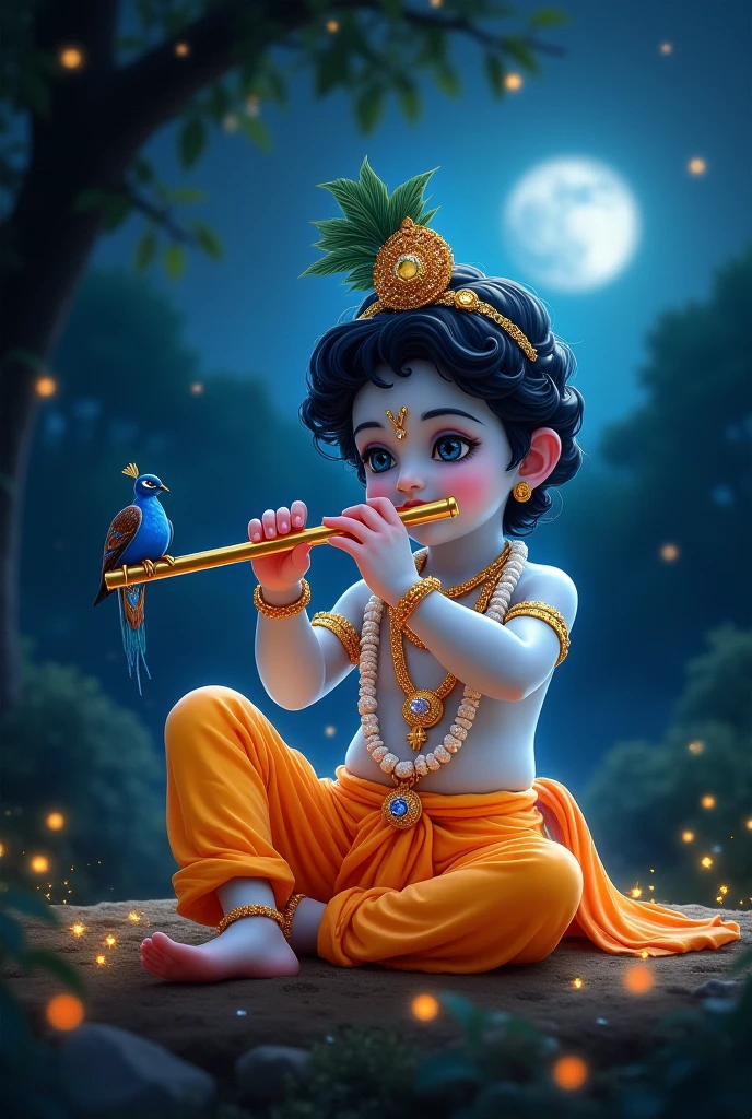 Create a video Little Krishna's Enchanting Flute"*masterpiece********Little Krishna and Little Radha is body is transparent and glowing to amazing beautiful.*He*******covered his body by more attractive beautiful clothes.**He *********is holding a vibrant feature peacock attached with forehead a decorated diamond crown on his head. And He **********is holding various different types colours more attractive expensive jwelleries like, blue, diamond, silver, gold and some other. *On a serene moonlit night, Little Krishna sat beneath a tree, his fingers deftly playing a mesmerizing melody on his flute. The sweet, soothing notes filled the air, entrancing the creatures of the forest.Birds with vibrant plumage fluttered down from their nests, and animals from far and wide gathered around Krishna, spellbound by the haunting beauty of his flute. The forest came alive with magic, as if the trees themselves were swaying to the rhythm.Just then, Radha, Krishna's beloved, appeared, her feet moving swiftly as if drawn by an unseen force. Her eyes shone with wonder as she listened, entranced, to the flute's madhur dhun (sweet melody).As Radha reached Krishna's side, he looked up, his eyes sparkling with joy. Together, they sat beneath the tree, the flute's melody weaving a spell of love and enchantment around them. The forest creatures watched, mesmerized, as the two sat together, lost in the beauty of the music.In that magical moment, time stood still, and the world was filled with the sweet sound of Krishna's flute and the love that radiated from Radha's heart._The End_