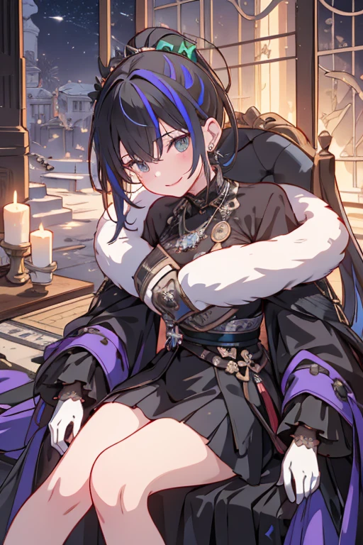 (masterpiece), (best quality), detailed, 1girl, leaning forward, hand on face, sitting on throne, from above, smiling, green hair, ponytail, jewelry, necklace, earrings, long hair, gloves, cropped jacket, fur trim, purple jacket, armored breastplate, armored skirt, multicolored hair, streaked hair, gradient hair, beautiful composition, cinematic lighting, extremely detailed, 8k, cinematic postprocessing, Maximum Facial Detail, Maxi,tokiame,(with sparkling eyes and a contagious smile),her thin pubic hair:1.2, looking at viewer