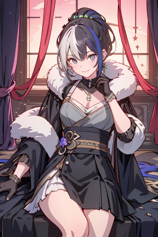 (masterpiece), (best quality), detailed, 1girl, leaning forward, hand on face, sitting on throne, from above, smiling, green hair, ponytail, jewelry, necklace, earrings, long hair, gloves, cropped jacket, fur trim, purple jacket, armored breastplate, armored skirt, multicolored hair, streaked hair, gradient hair, beautiful composition, cinematic lighting, extremely detailed, 8k, cinematic postprocessing, Maximum Facial Detail, Maxi,tokiame,(with sparkling eyes and a contagious smile),her thin pubic hair:1.2, looking at viewer