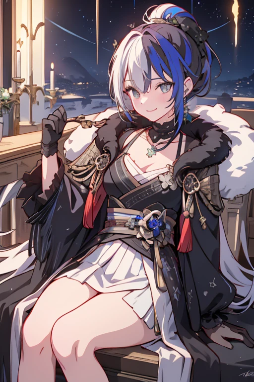 (masterpiece), (best quality), detailed, 1girl, leaning forward, hand on face, sitting on throne, from above, smiling, green hair, ponytail, jewelry, necklace, earrings, long hair, gloves, cropped jacket, fur trim, purple jacket, armored breastplate, armored skirt, multicolored hair, streaked hair, gradient hair, beautiful composition, cinematic lighting, extremely detailed, 8k, cinematic postprocessing, Maximum Facial Detail, Maxi,tokiame,(with sparkling eyes and a contagious smile),her thin pubic hair:1.2, looking at viewer