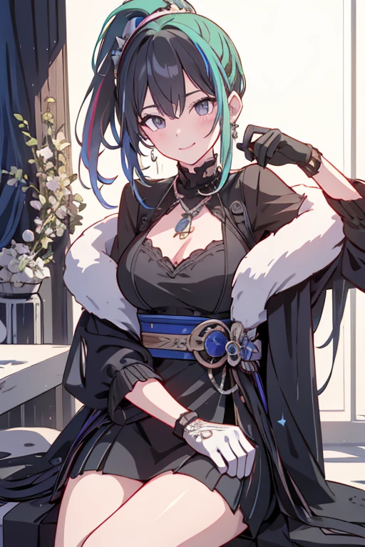 (masterpiece), (best quality), detailed, 1girl, leaning forward, hand on face, sitting on throne, from above, smiling, green hair, ponytail, jewelry, necklace, earrings, long hair, gloves, cropped jacket, fur trim, purple jacket, armored breastplate, armored skirt, multicolored hair, streaked hair, gradient hair, beautiful composition, cinematic lighting, extremely detailed, 8k, cinematic postprocessing, Maximum Facial Detail, Maxi,tokiame,(with sparkling eyes and a contagious smile),her thin pubic hair:1.2, looking at viewer