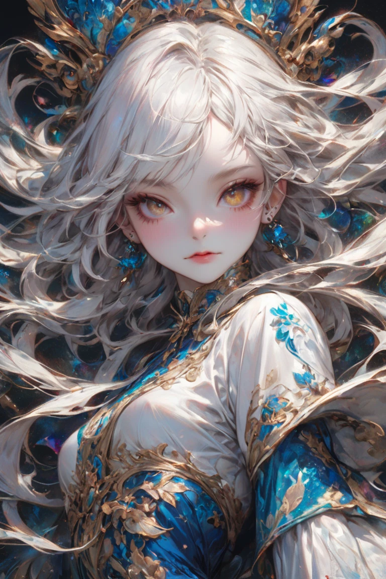 无与伦比的masterpiece, Super real photos, perfect work of art, intricate details, best quality, glare,high contrast, (bare shoulders:0.85),((Glowing atmosphere, enchanting glow, Luminous illumination, ethereal atmosphere, A mesmerizing glow, evocative hues, captivating coloration, dramatic lighting, charming aura)), 1 girl, masterpiece, best quality,1 girl, (In the smoke:1.1),(Dynamic smoke is everywhere:1.4),(Full body female love:1.2),(1 Chinese pattern in the middle of the girl's forehead),concept art,thunder and lightning,Vertical distribution,45° inclined distribution，Cyan color scheme,Vector Graphics,Super realism,Render by Octane,aurora, [city lights]，Tyndall lamps, flash ,huge breasts