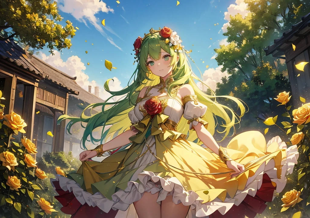 A beautiful girl with yellow-green hair wears a rose crown and a gold leaf flower ornament in her hair. She stands sideways, rose petals falling from the sky, and the gold leaf adds a sparkle to her dress. There are rose bushes in the background, and she looks up slightly, enjoying the gold leaf and rose petals dancing in the air