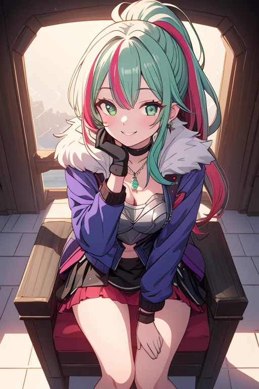 (masterpiece), (best quality), detailed, 1girl, leaning forward, hand on face, sitting on throne, from above, smiling, green hair, ponytail, jewelry, necklace, earrings, long hair, gloves, cropped jacket, fur trim, purple jacket, armored breastplate, armored skirt, multicolored hair, streaked hair, gradient hair, beautiful composition, cinematic lighting, extremely detailed, 8k, cinematic postprocessing, Maximum Facial Detail, Maxi,tokiame,(with sparkling eyes and a contagious smile),her thin pubic hair:1.2, looking at viewer